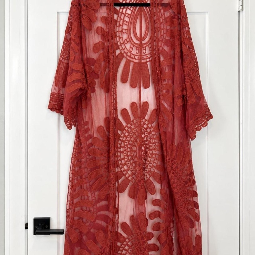 SHEIN Rust Embroidered Lace Maxi Kimono